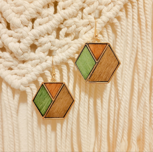 Boho Hexagon Dangle Earrings - Picture 2 of 2